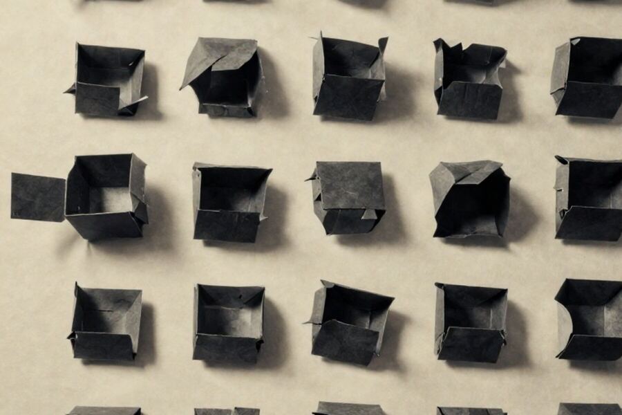 A tight grid of identical folded paper boxes with one open