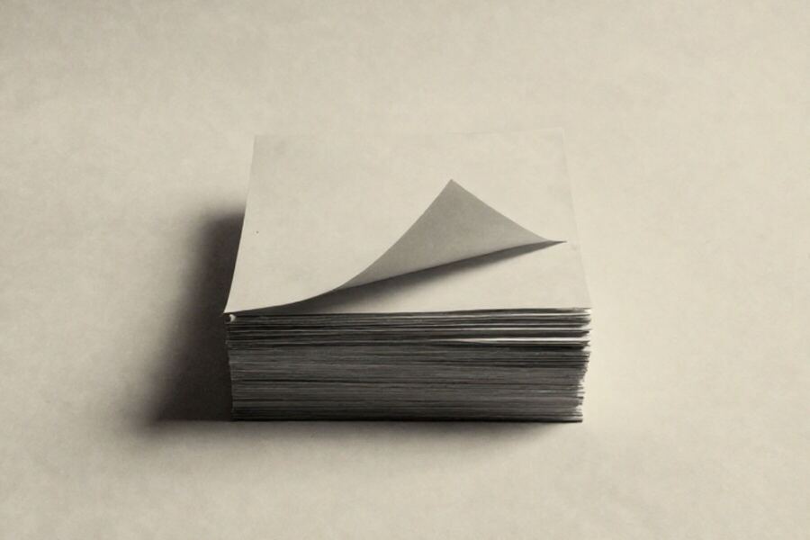 A squared stack of paper with one sheet drawn part way out
