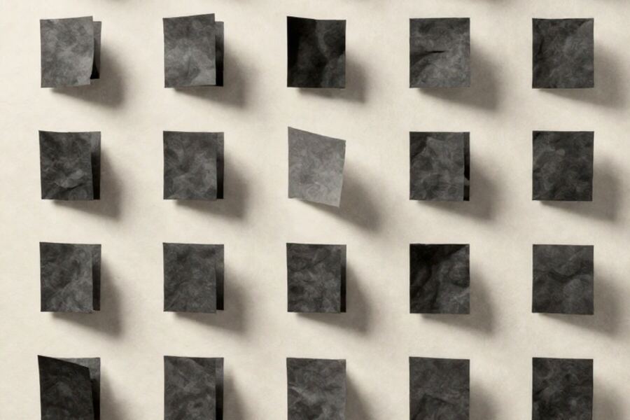 One paper form repeated in a strict array with a single one rotated out of alignment