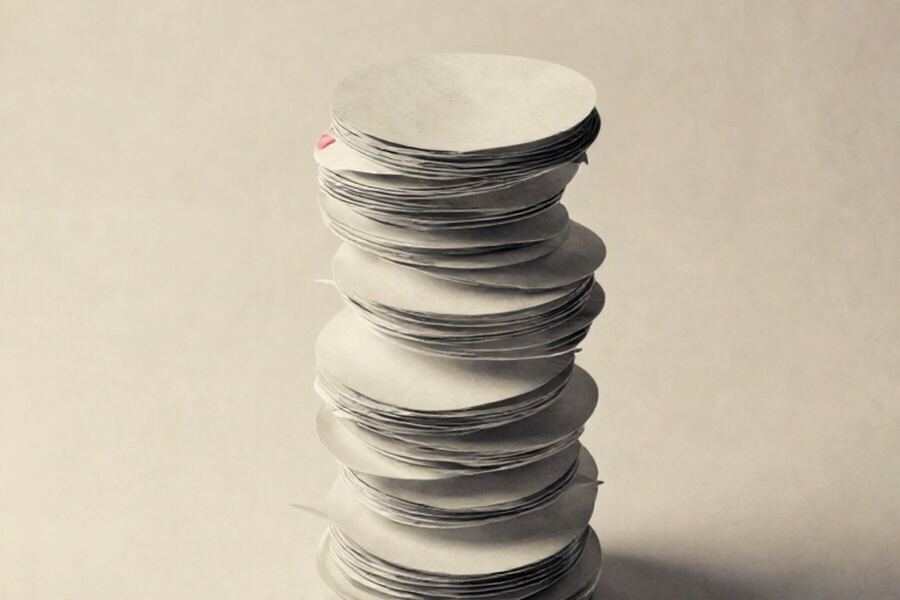 A column of stacked paper discs of decreasing size, seen from above