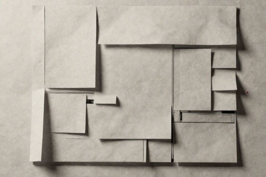 Paper rectangles laid out like a plan of plots, divided by thin lines
