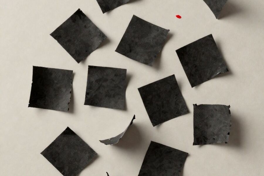 Loose paper squares scattered across a surface, none aligned to any other
