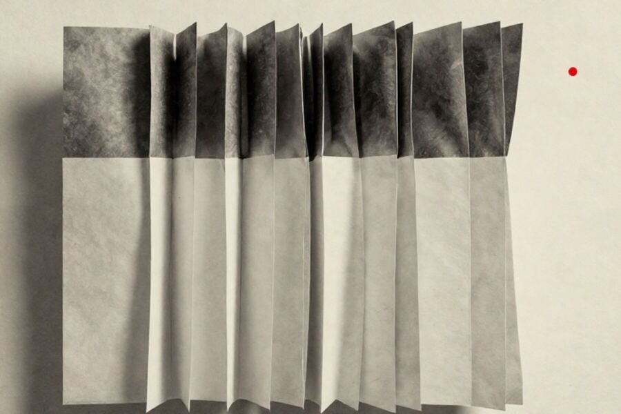 A run of paper sheets each folded open to reveal an inner face
