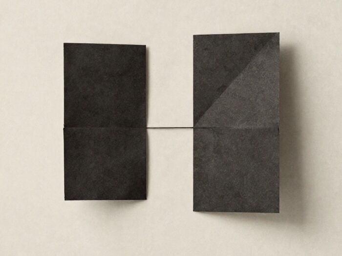 Two folded paper forms of different geometry either side of a single hairline seam