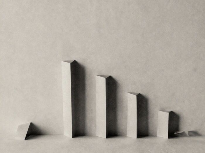 Six paper strips of differing heights standing upright in a row, like a chart made of paper