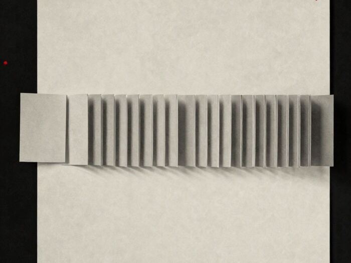 A row of identical paper cards lying flat, with one lifted and standing on its edge