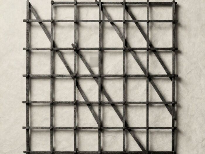 A lattice of thin dark rods laid over pale paper, with one cell filled solid